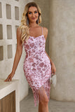 Vestido de fiesta corto con tirantes de tirantes de lentejuelas ajustado rosa brillante con borlas