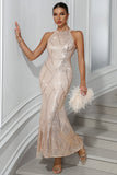 Vestido de fiesta largo de lentejuelas halter sirena champán brillante