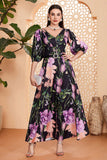 Vestido de fiesta largo con escote en V y flores negras con cinturón