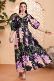 Vestido de fiesta largo con escote en V y flores negras con cinturón