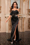 Vestido de fiesta largo con corsé de sirena negro brillante con hombros descubiertos y abertura