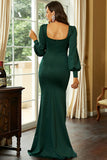 Vestido de fiesta largo de manga larga sirena verde oscuro con abertura