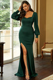 Vestido de fiesta largo de manga larga sirena verde oscuro con abertura
