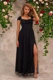 Vestido de fiesta de cuello cuadrado negro con abalorios brillantes con abertura