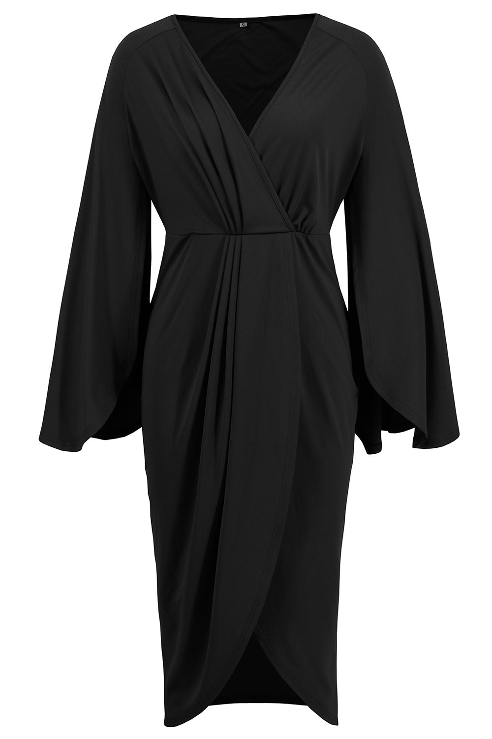 Vestido de cóctel midi asimétrico con escote en V y cuello sirena negro con mangas
