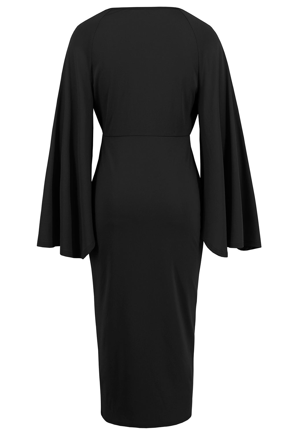 Vestido de cóctel midi asimétrico con escote en V y cuello sirena negro con mangas