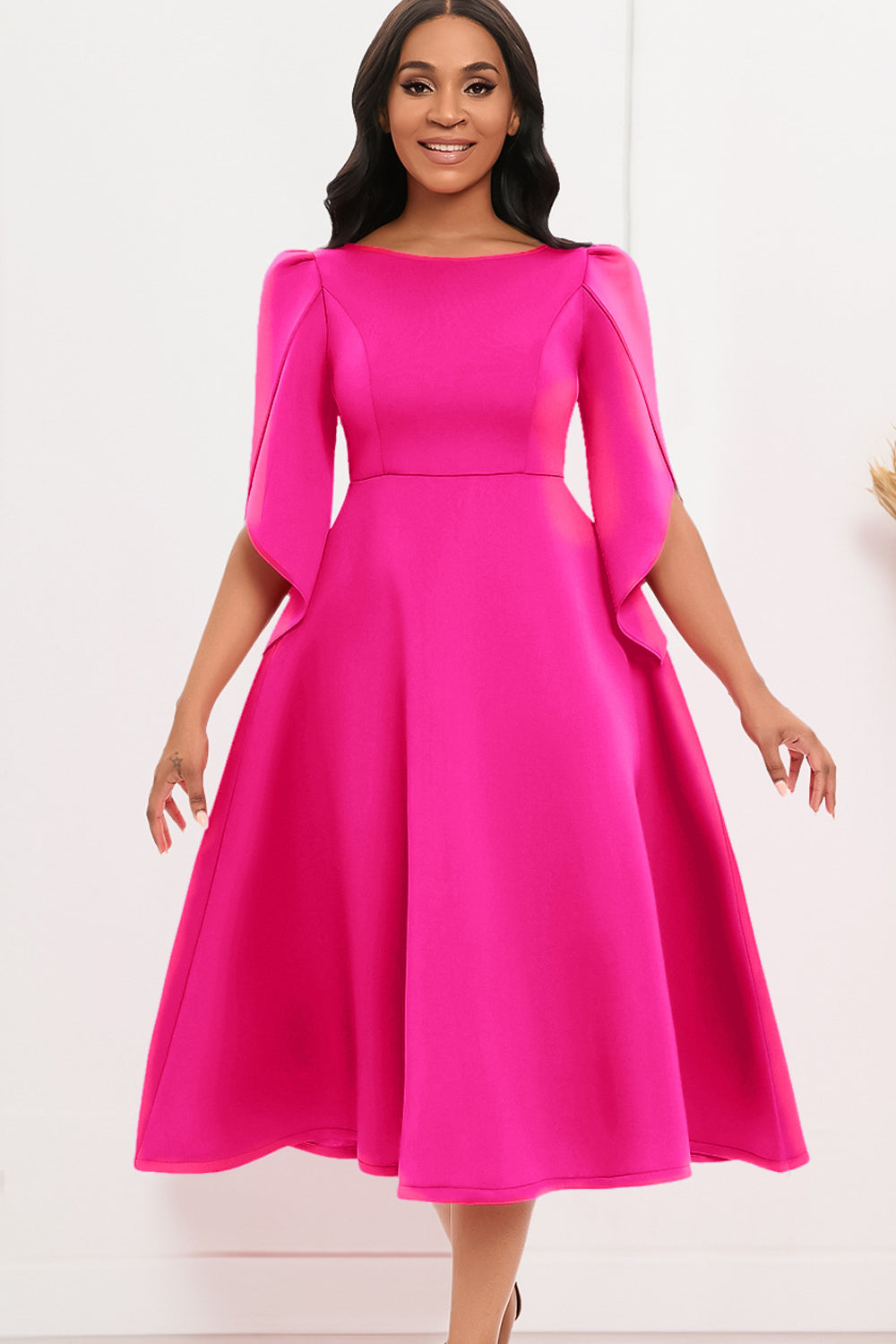 Moda Elegante Azul Real Una Línea Vestido Swing Sólido con Medias Mangas