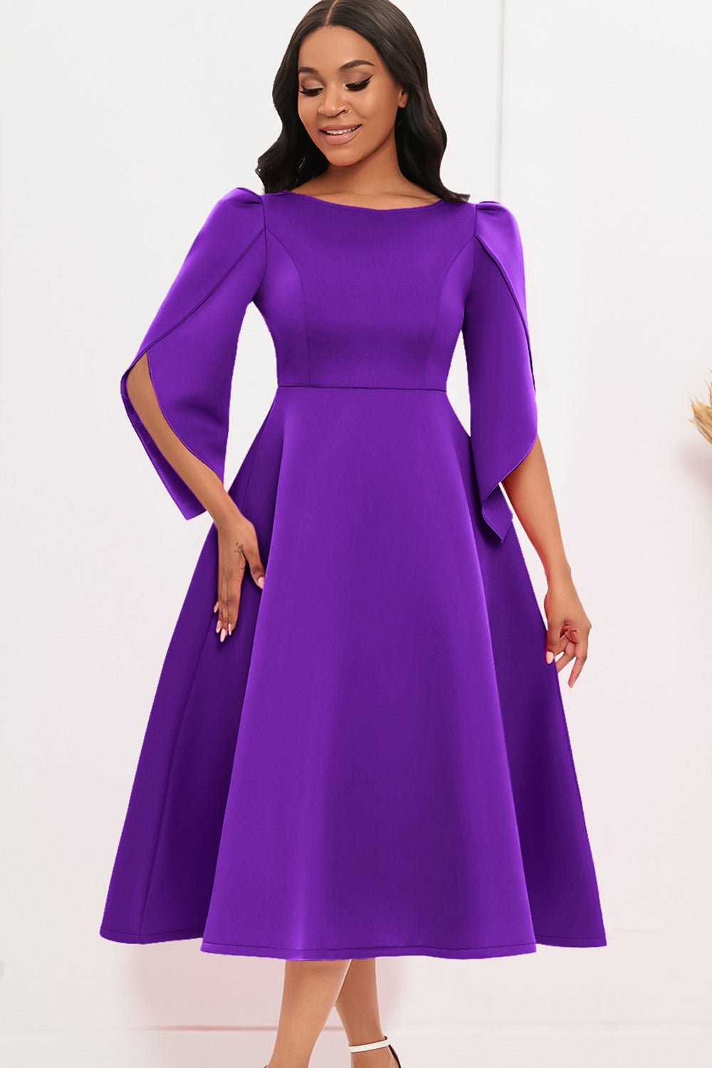 Moda Elegante Azul Real Una Línea Vestido Swing Sólido con Medias Mangas