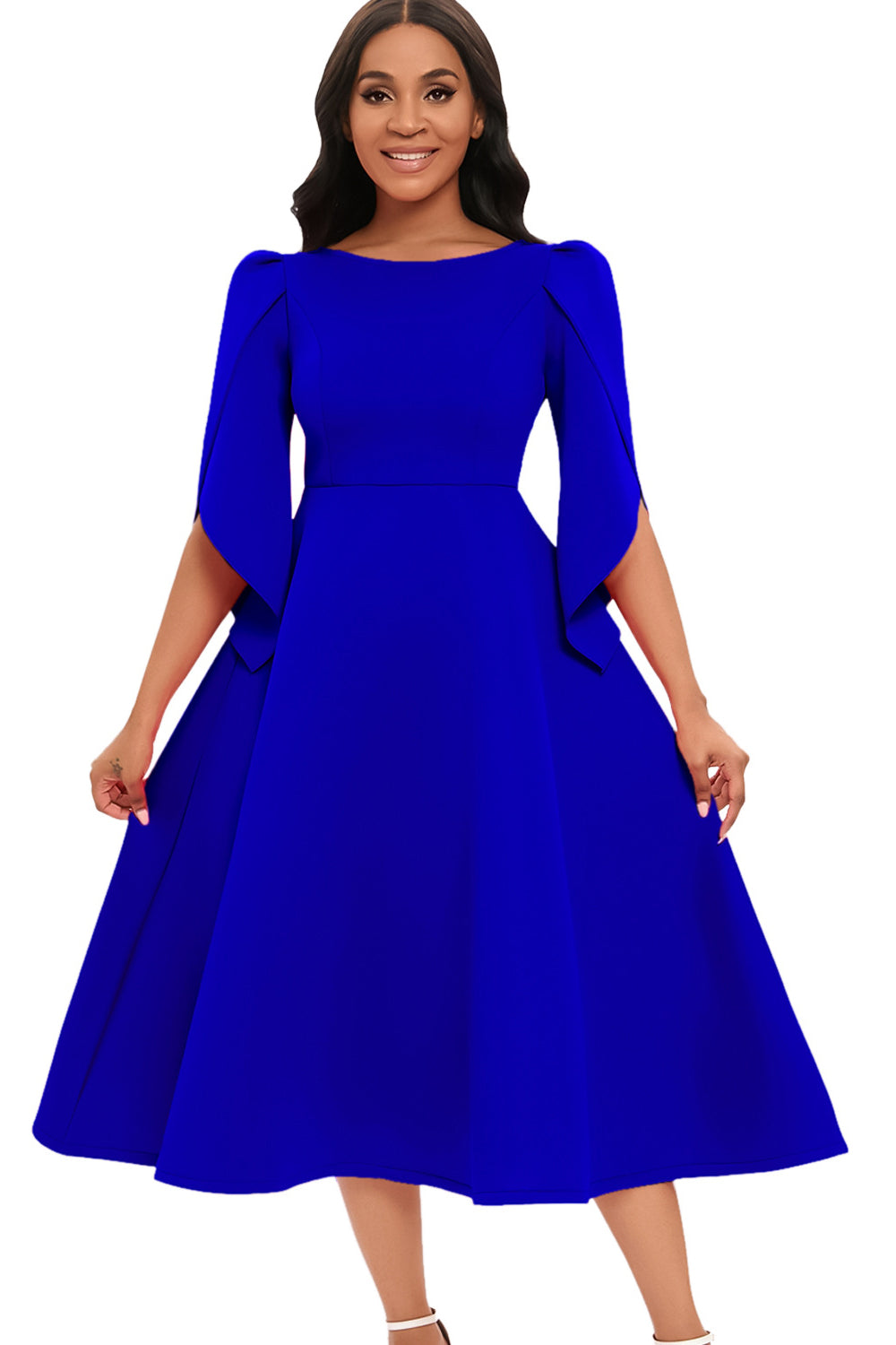 Moda Elegante Azul Real Una Línea Vestido Swing Sólido con Medias Mangas