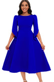 Moda Elegante Azul Real Una Línea Vestido Swing Sólido con Medias Mangas