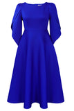 Moda Elegante Azul Real Una Línea Vestido Swing Sólido con Medias Mangas