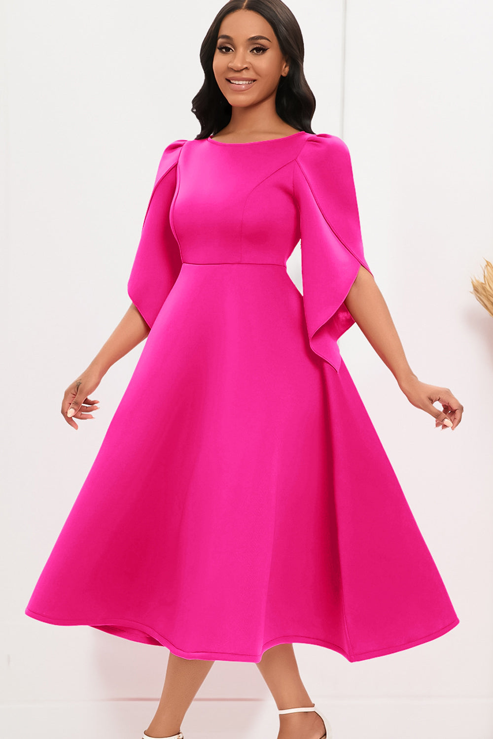 Moda Elegante Azul Real Una Línea Vestido Swing Sólido con Medias Mangas