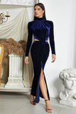 Vestido de fiesta con cuello halter azul oscuro de sirena con abertura