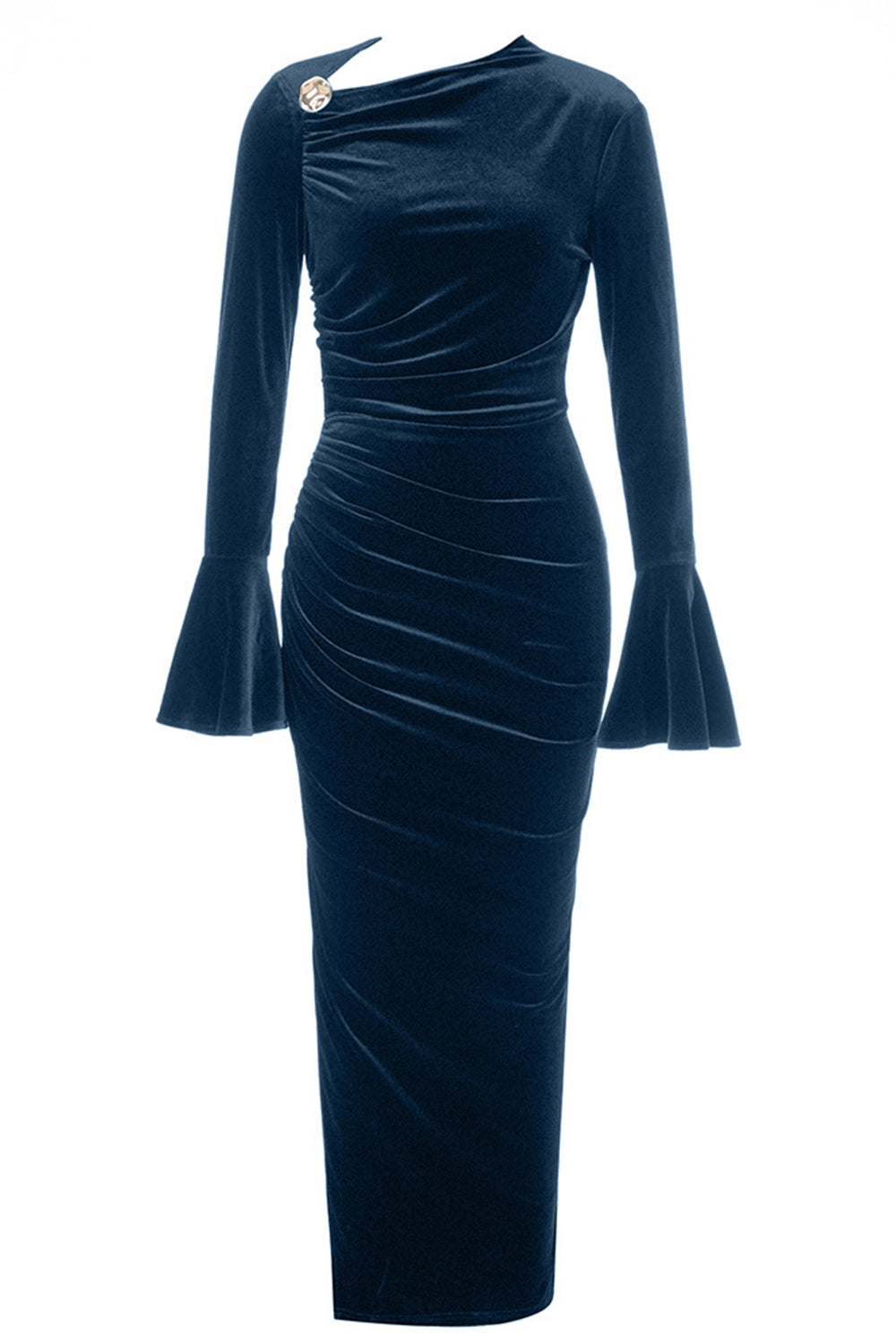 Vestido de fiesta de terciopelo sirena azul pavo real con abertura