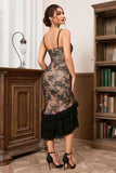 Corsé con volantes con estampado negro Vestido de fiesta largo con abertura