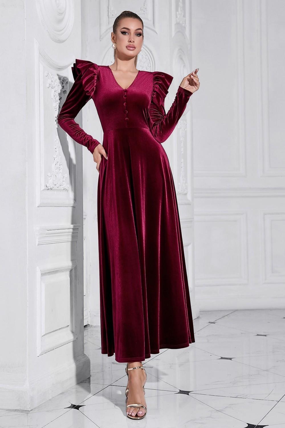 Vestido de fiesta largo de terciopelo largo con volantes burdeos y escote en V de una línea