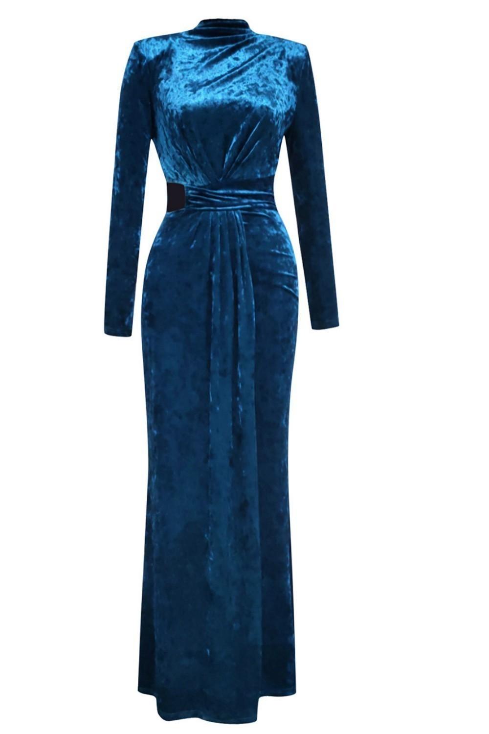 Vestido de fiesta de terciopelo de manga larga y cuello alto azul