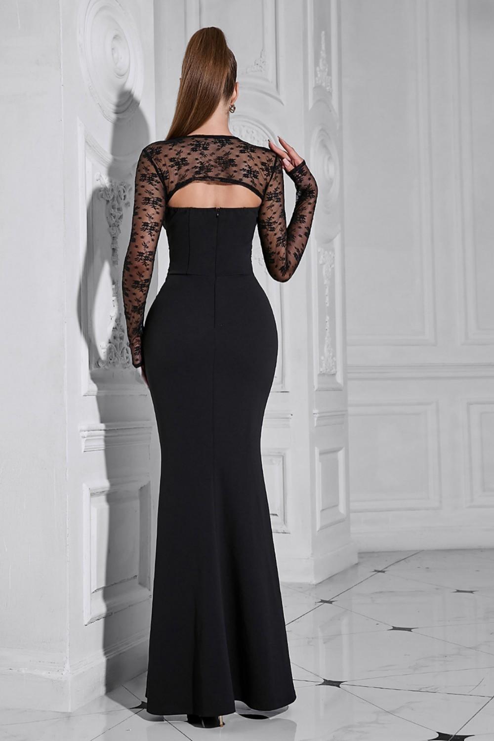 Elegante vestido de fiesta de sirena con mangas de tul negro