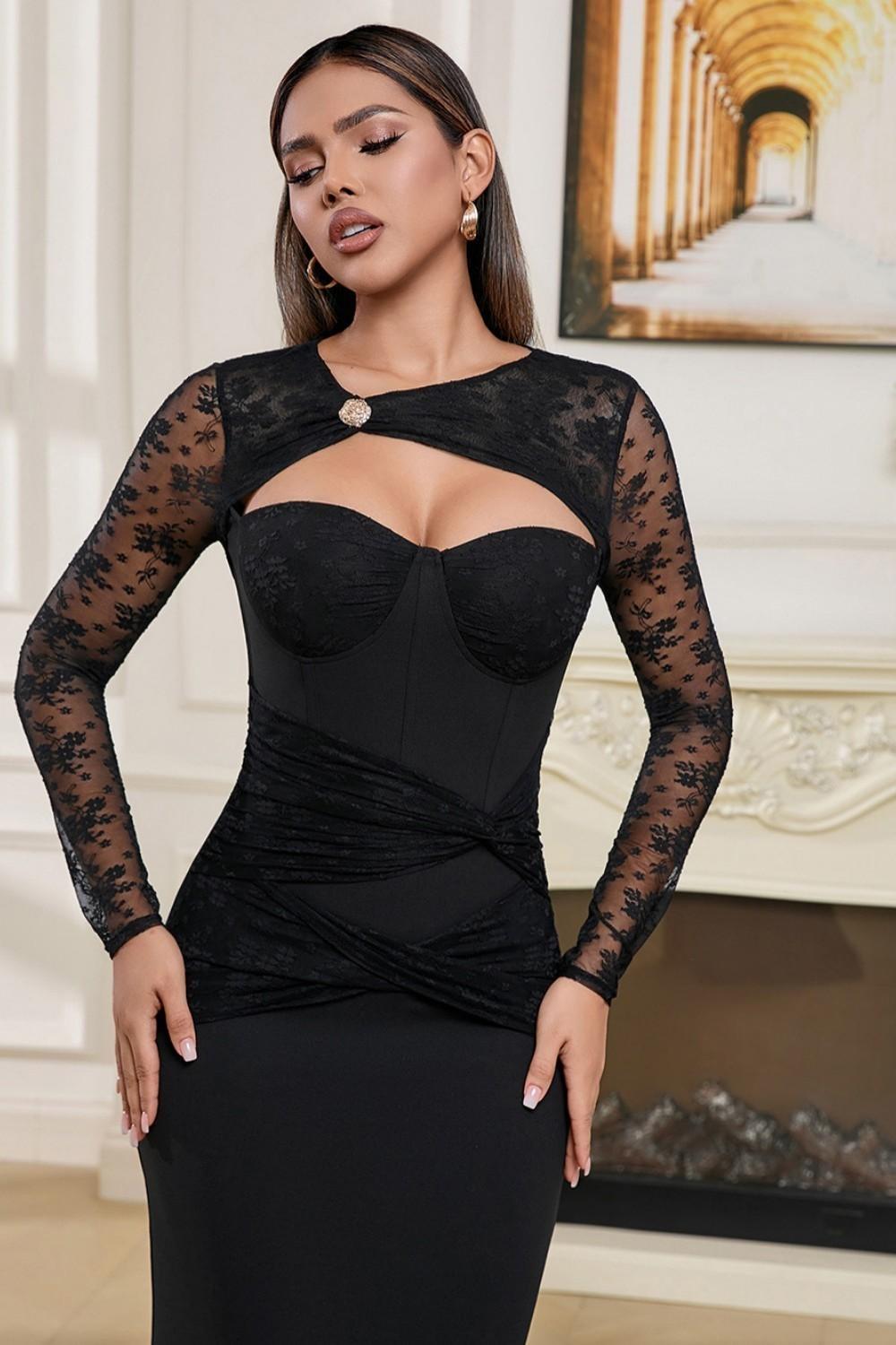 Elegante vestido de fiesta de sirena con mangas de tul negro