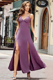 Vestido de fiesta largo de tirantes finos ajustados morado con abertura