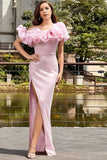 Vestido de fiesta largo con volantes de sirena rosa claro con abertura