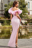Vestido de fiesta largo con volantes de sirena rosa claro con abertura