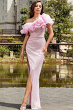 Vestido de fiesta largo con volantes de sirena rosa claro con abertura