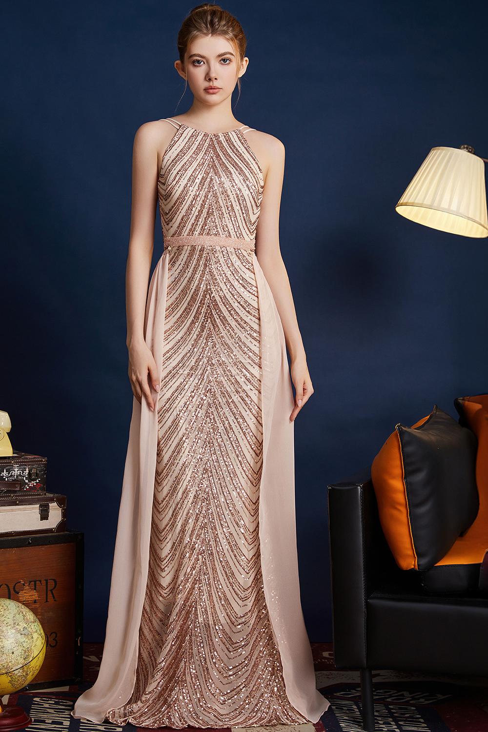 Vestido de fiesta largo con tirantes de espagueti con pedrería de purpurina dorada