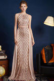 Vestido de fiesta largo con tirantes de espagueti con pedrería de purpurina dorada