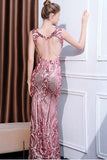 Vestido de fiesta largo con cuello en V floral rosa brillante