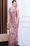 Vestido de fiesta largo con cuello en V floral rosa brillante