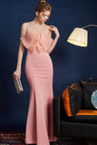 Vestido de fiesta largo sin tirantes de sirena rosa con lazo
