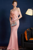 Vestido de fiesta largo sin tirantes de sirena rosa con lazo