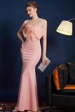 Vestido de fiesta largo sin tirantes de sirena rosa con lazo