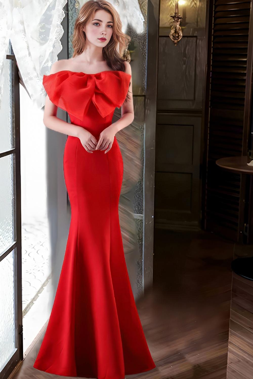 Vestido de fiesta largo sin tirantes de sirena rosa con lazo