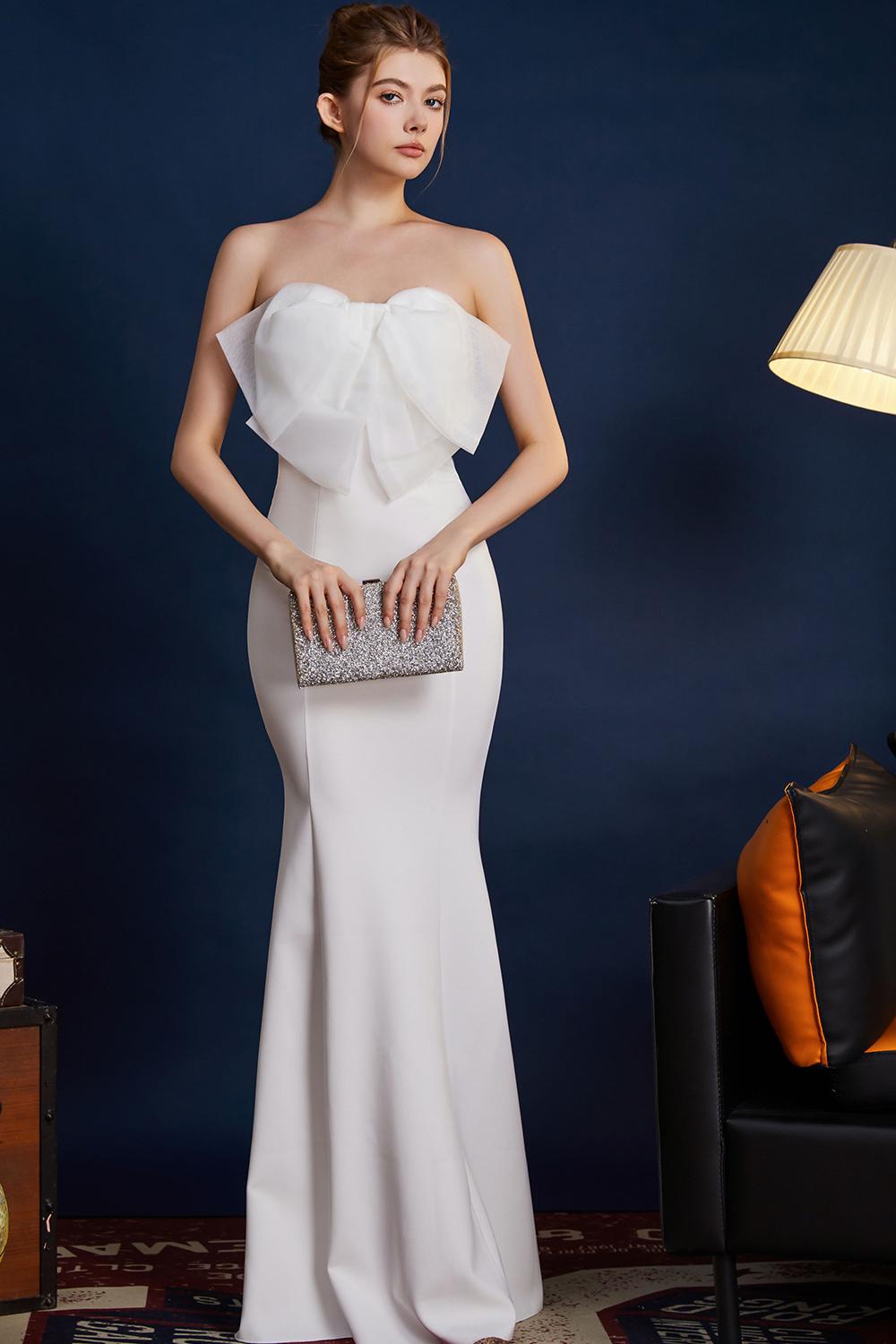 Vestido de fiesta largo sin tirantes de sirena rosa con lazo
