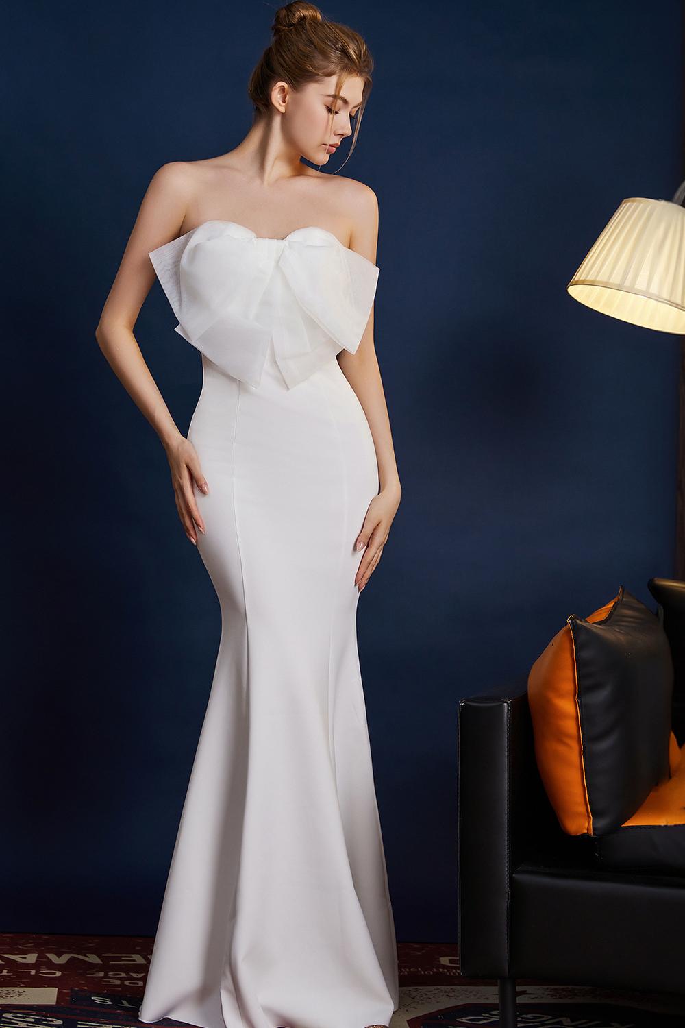 Vestido de fiesta largo sin tirantes de sirena rosa con lazo