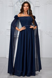 Vestido de fiesta largo plisado azul marino con hombros descubiertos