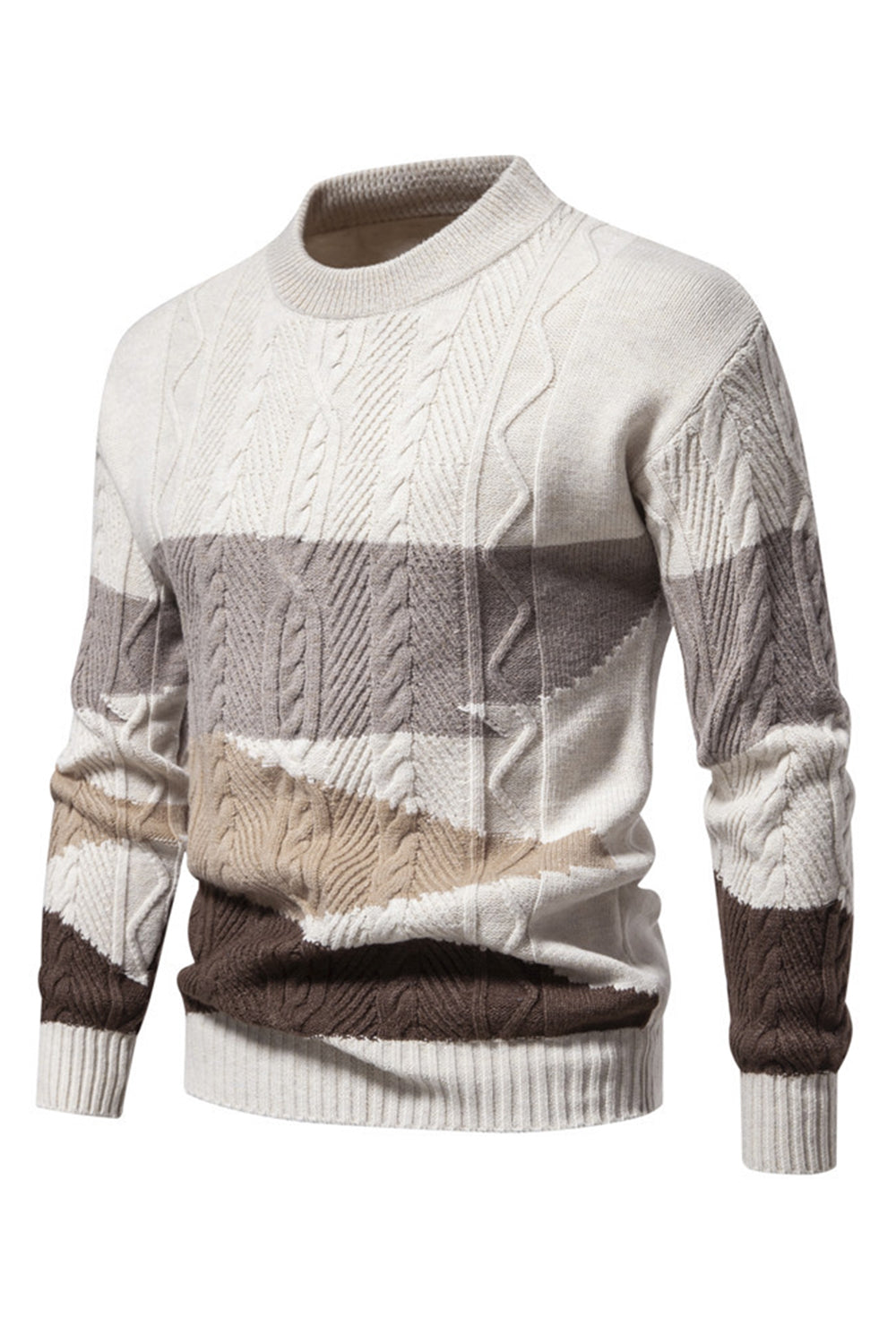 Suéter de jersey trenzado blanco con cuello redondo y bloques de color para hombre