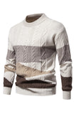 Suéter de jersey trenzado blanco con cuello redondo y bloques de color para hombre