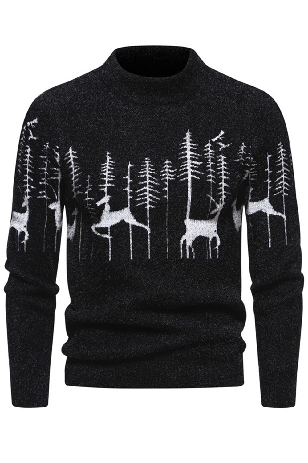 Suéter negro slim fit con estampado de ciervos navideños con cuello redondo para hombre
