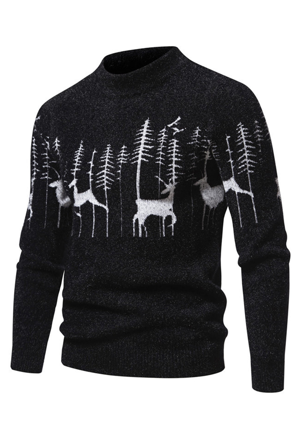 Suéter negro slim fit con estampado de ciervos navideños con cuello redondo para hombre