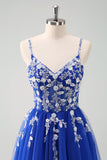 Vestido de fiesta largo con corsé de tirantes de espagueti azul real brillante