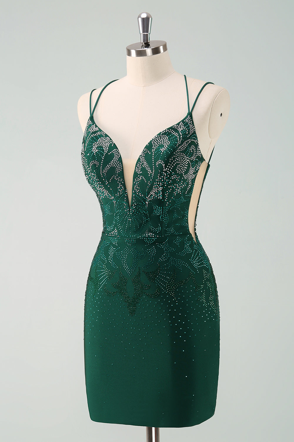 Vestido de fiesta corto ajustado con tirantes finos y cuentas de color verde oscuro