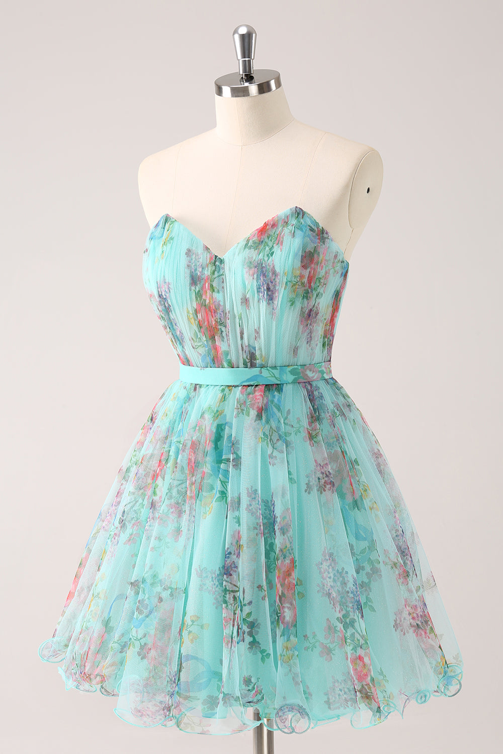 Vestido de fiesta corto con estampado floral verde sin tirantes y esponjoso