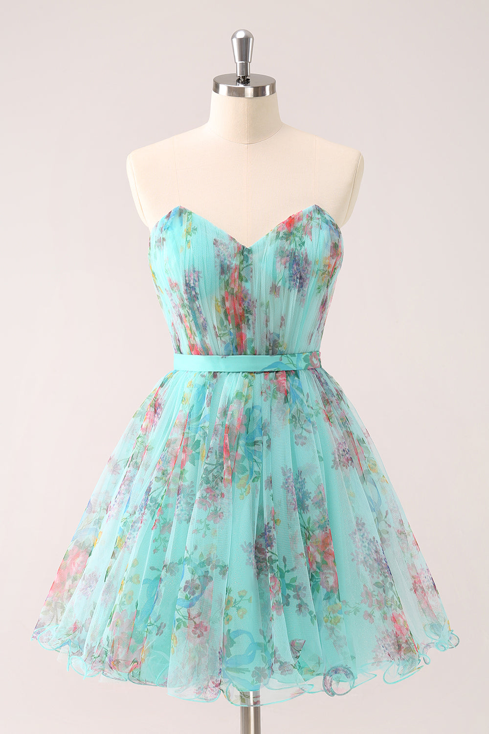 Vestido de fiesta corto con estampado floral verde sin tirantes y esponjoso