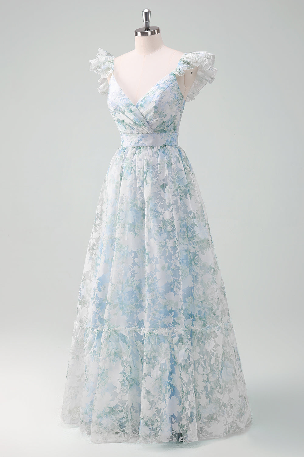 Vestido de fiesta largo con mangas cortas con estampado de flores azul claro