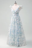 Vestido de fiesta largo con mangas cortas con estampado de flores azul claro