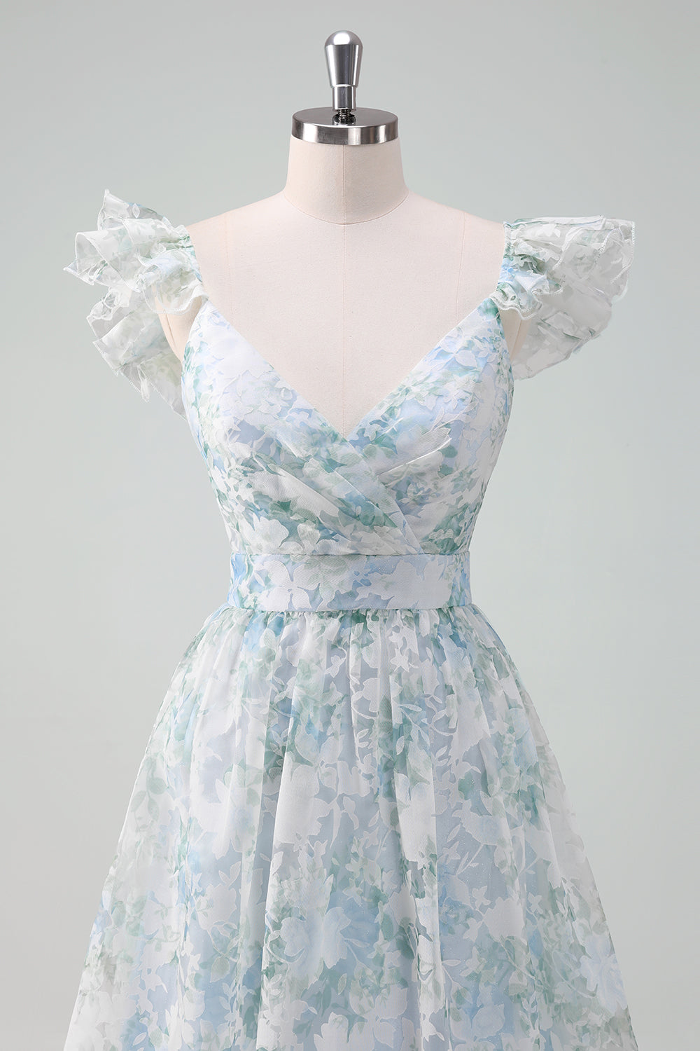 Vestido de fiesta largo con mangas cortas con estampado de flores azul claro