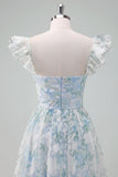 Vestido de fiesta largo con mangas cortas con estampado de flores azul claro